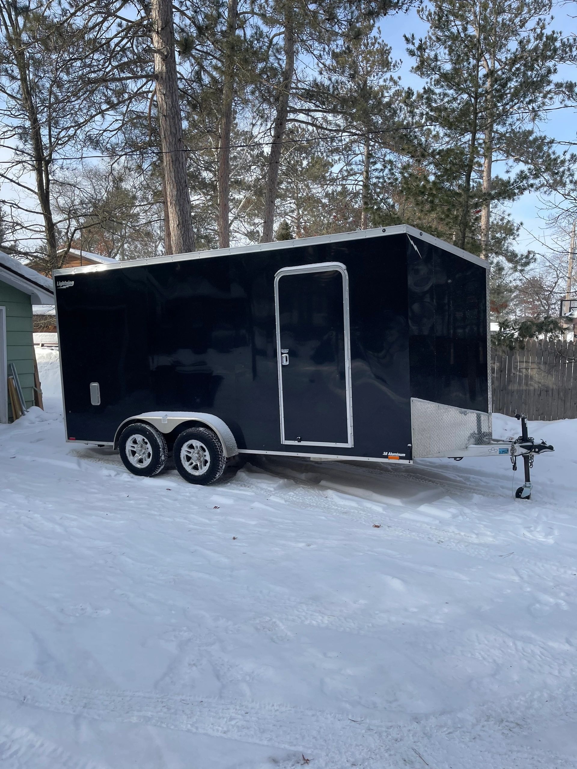 16x8 enclosed cargo trailer with ramp door available for rent at Storage 71 near Park Rapids MN